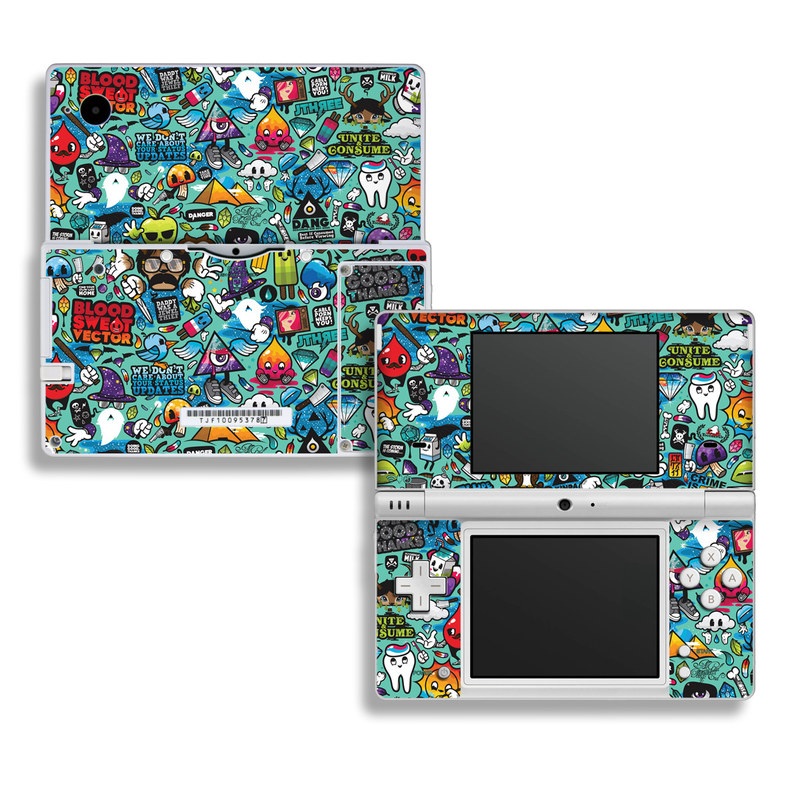 Nintendo DSi Skin design of Cartoon, Art, Pattern, Design, Illustration, Visual arts, Doodle, Psychedelic art, with black, blue, gray, red, green colors