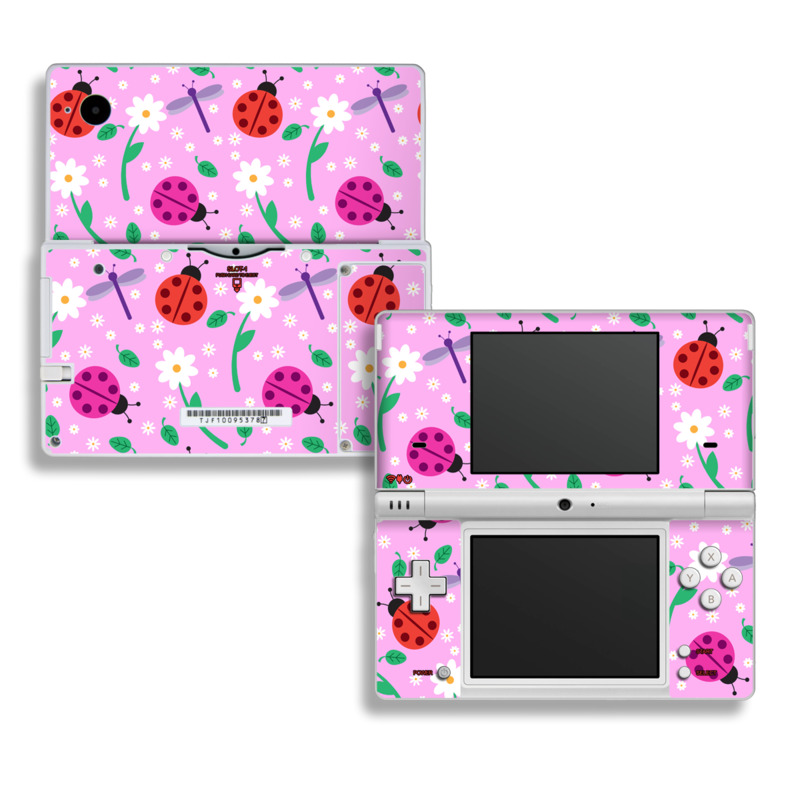 Nintendo DSi Skin design of Pink, Pattern, Design, Magenta, Clip art, Plant, Visual arts, Ladybug, Child art, Illustration, with pink, white, purple, gray, red, blue colors