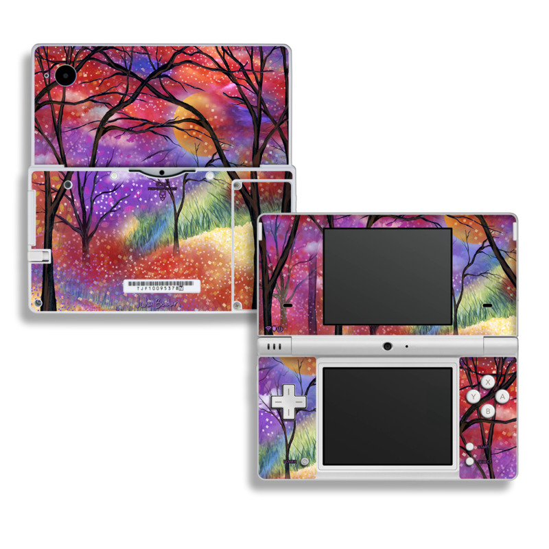 Nintendo DSi Skin design of Nature, Tree, Natural landscape, Painting, Watercolor paint, Branch, Acrylic paint, Purple, Modern art, Leaf, with red, purple, black, gray, green, blue colors