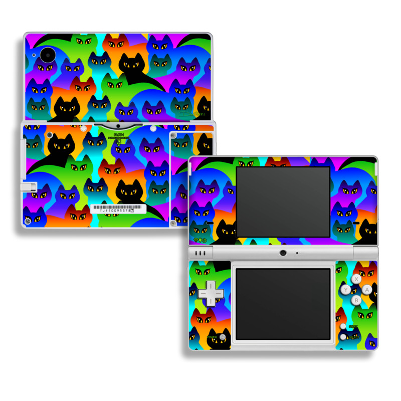 Nintendo DSi Skin design of Black cat, Purple, Cat, Small to medium-sized cats, Pattern, Design, Felidae, Illustration, Art, with black, blue, green, purple colors