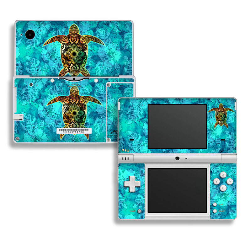 Nintendo DSi Skin design of Sea turtle, Green sea turtle, Turtle, Hawksbill sea turtle, Tortoise, Reptile, Loggerhead sea turtle, Illustration, Art, Pattern, with blue, black, green, gray, red colors