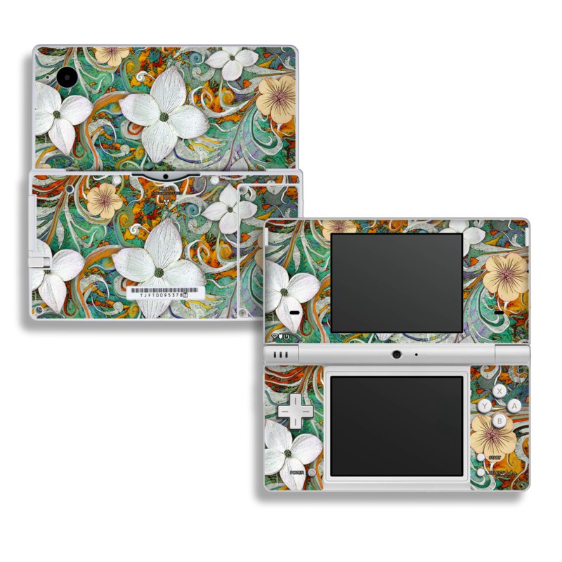 Nintendo DSi Skin design of Flower, Pattern, Plant, Wildflower, Floral design, Petal, Art, Painting, Visual arts, Wallpaper, with gray, black, green, blue, red colors