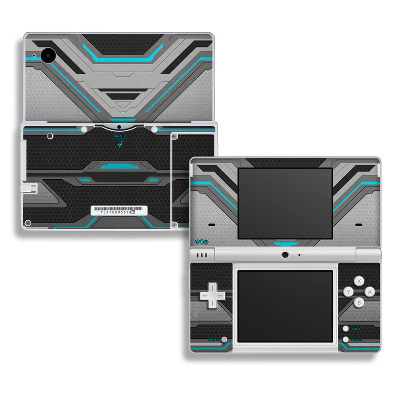 Nintendo DSi Skin design of Blue, Turquoise, Pattern, Teal, Symmetry, Design, Line, Automotive design, Font, with black, gray, blue colors