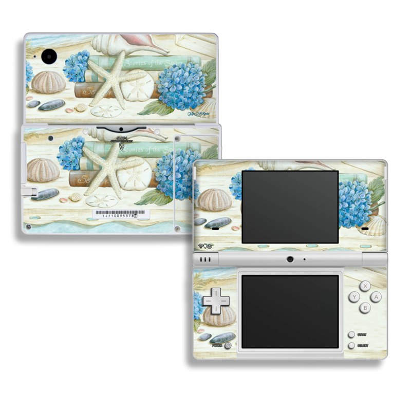 Nintendo DSi Skin design of Starfish, Shell, Hydrangea, Plant, Flower, Still life, Echinoderm, Cornales, with gray, green, blue, yellow colors