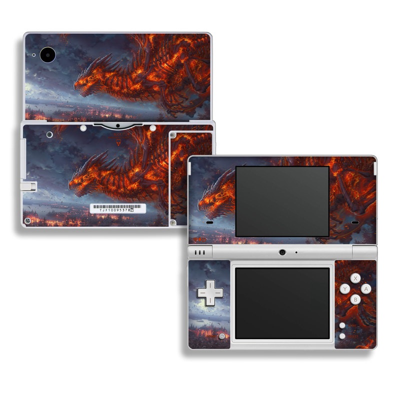 Nintendo DSi Skin design of Geological phenomenon, Dragon, Cg artwork, Sky, Flame, Fictional character, Mythology, Lava, Demon, Heat, with red, blue, black colors