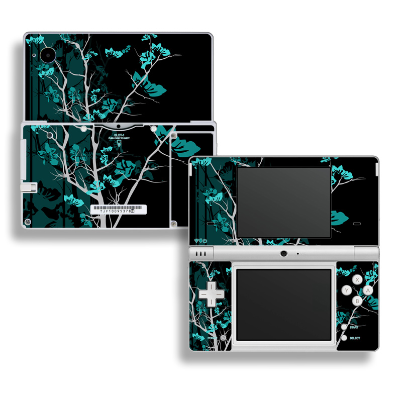 Nintendo DSi Skin design of Branch, Black, Blue, Green, Turquoise, Teal, Tree, Plant, Graphic design, Twig, with black, blue, gray colors