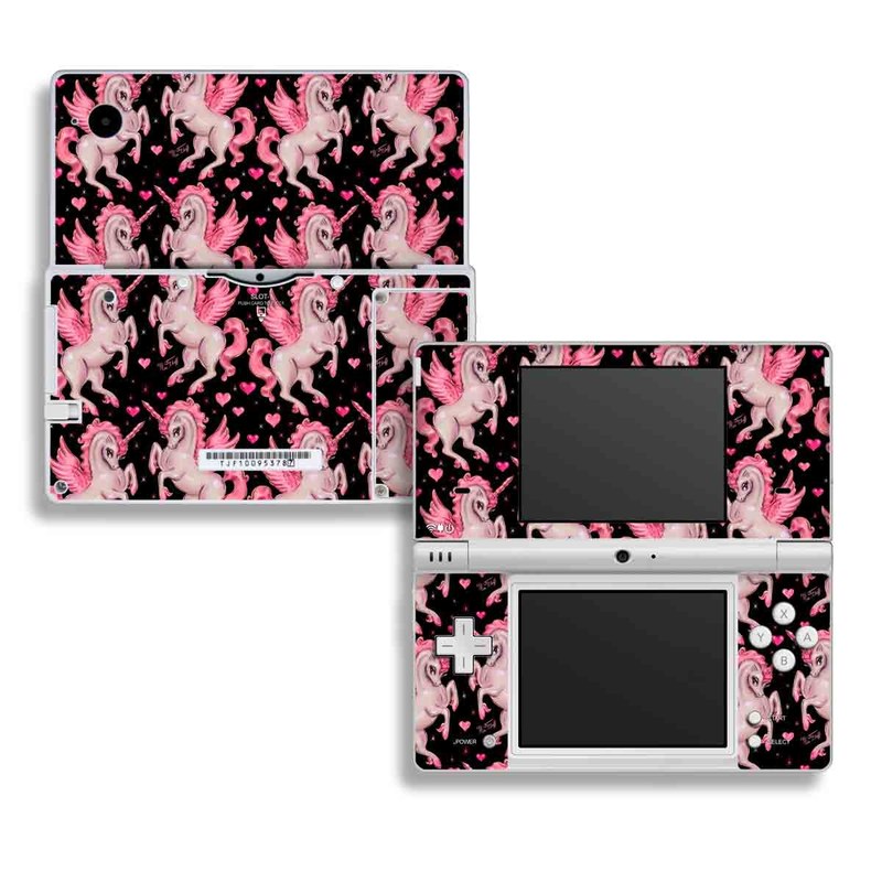 Nintendo DSi Skin design of Pink, Pattern, Fictional character, Design, Illustration, Font, Unicorn, Graphic design, Mythical creature, Art, with black, pink colors