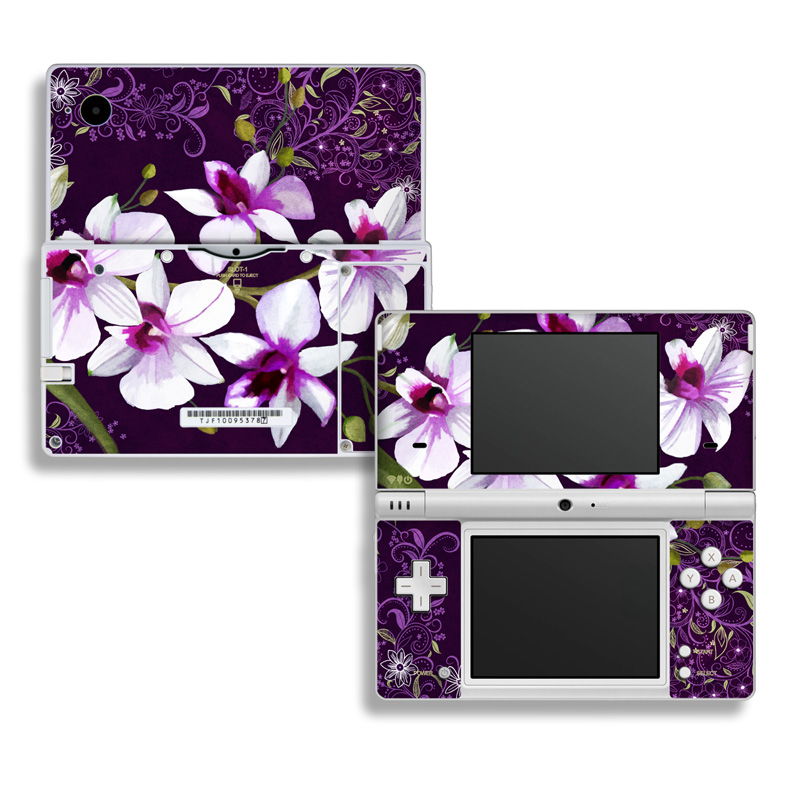 Nintendo DSi Skin design of Flower, Purple, Petal, Violet, Lilac, Plant, Flowering plant, cooktown orchid, Botany, Wildflower, with black, gray, white, purple, pink colors