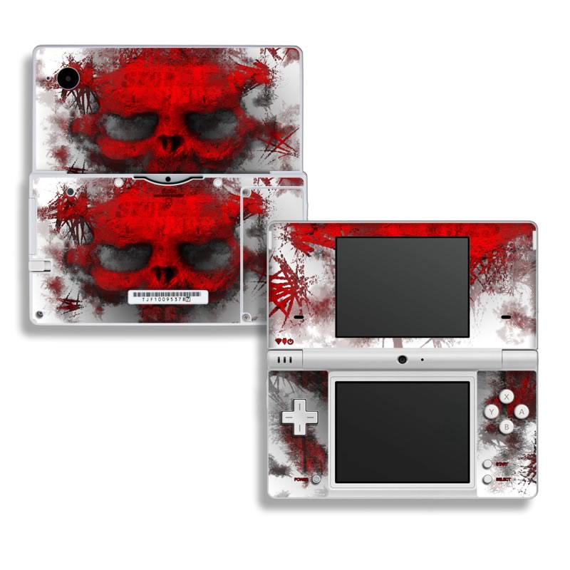 Nintendo DSi Skin design of Red, Graphic design, Skull, Illustration, Bone, Graphics, Art, Fictional character, with red, gray, black, white colors