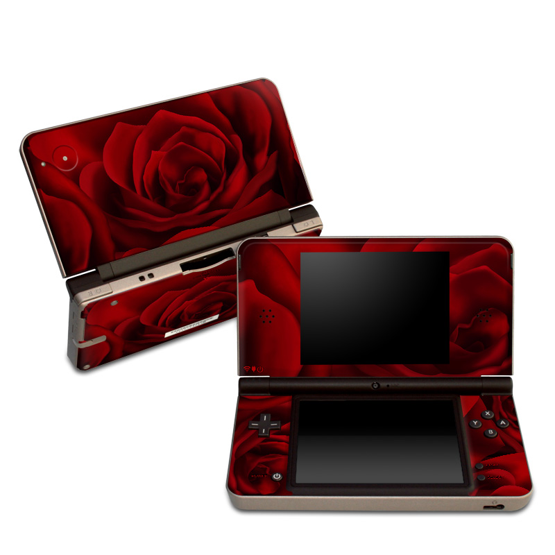 Nintendo DSi XL Skin design of Red, Garden roses, Rose, Petal, Flower, Nature, Floribunda, Rose family, Close-up, Plant, with black, red colors