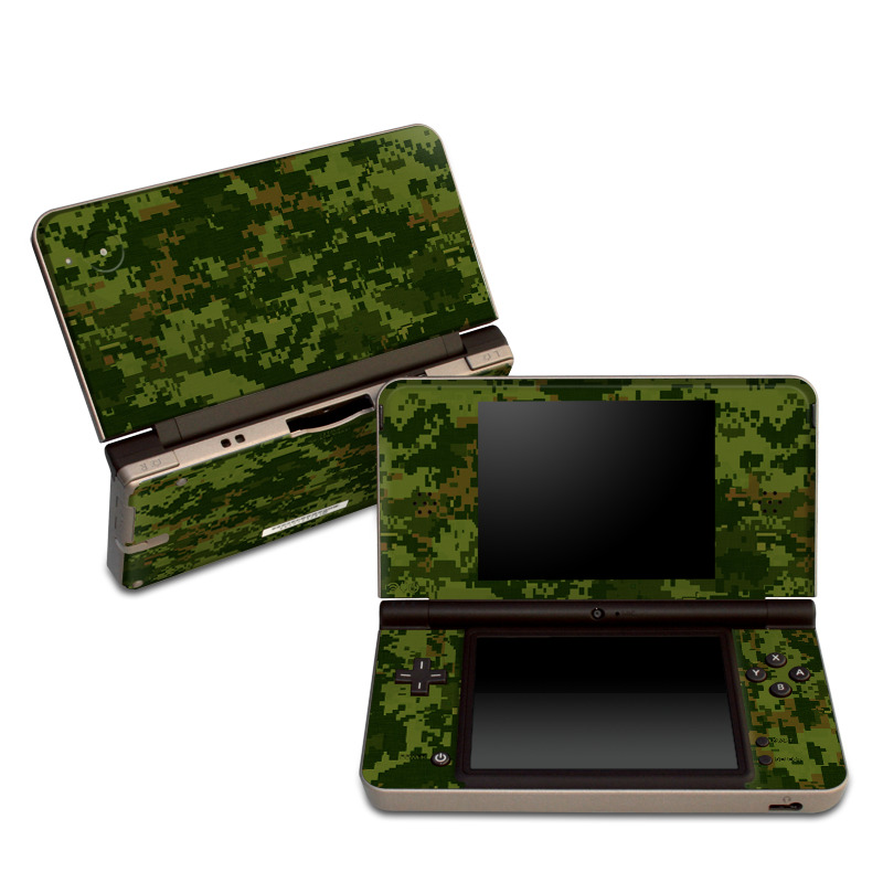 Nintendo DSi XL Skin design of Military camouflage, Green, Pattern, Uniform, Camouflage, Clothing, Design, Leaf, Plant, with green, brown colors
