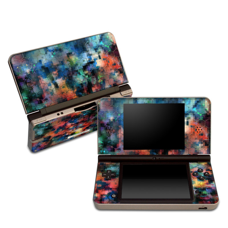 Nintendo DSi XL Skin design of Blue, Colorfulness, Pattern, Psychedelic art, Art, Sky, Design, Textile, Dye, Modern art, with black, blue, red, gray, green colors