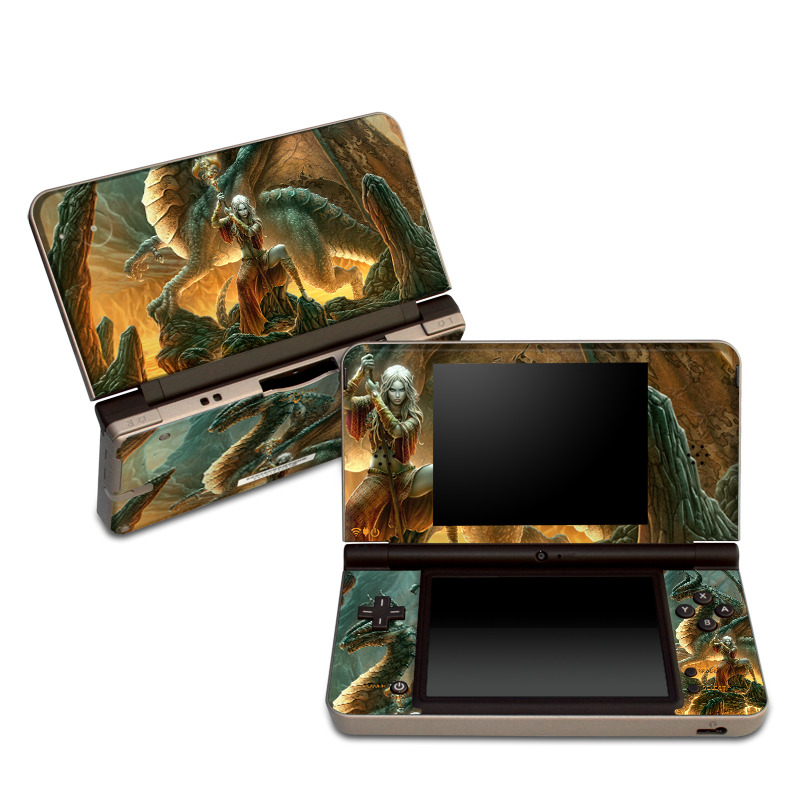 Nintendo DSi XL Skin design of Dragon, Cg artwork, Mythology, Fictional character, Mythical creature, Art, Illustration, Cryptid, Sculpture, Demon, with black, green, red, gray, blue colors