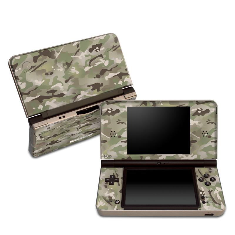 Nintendo DSi XL Skin design of Military camouflage, Camouflage, Pattern, Clothing, Uniform, Design, Military uniform, Bed sheet, with gray, green, black, red colors