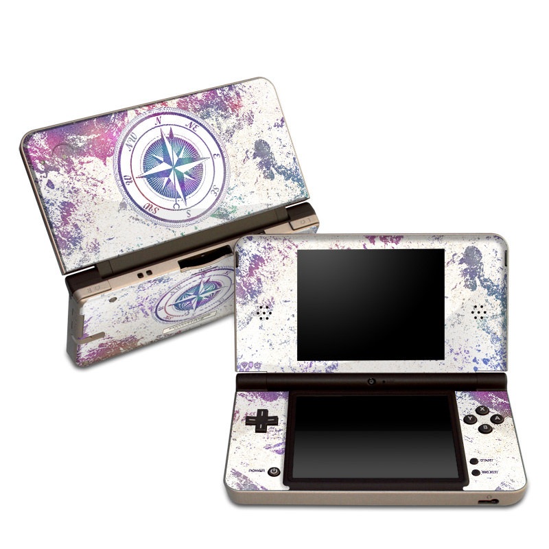 Nintendo DSi XL Skin design of Clock, Circle, Compass, Graphics, Pattern, Illustration, Interior design, with gray, white, yellow, pink, purple, blue colors
