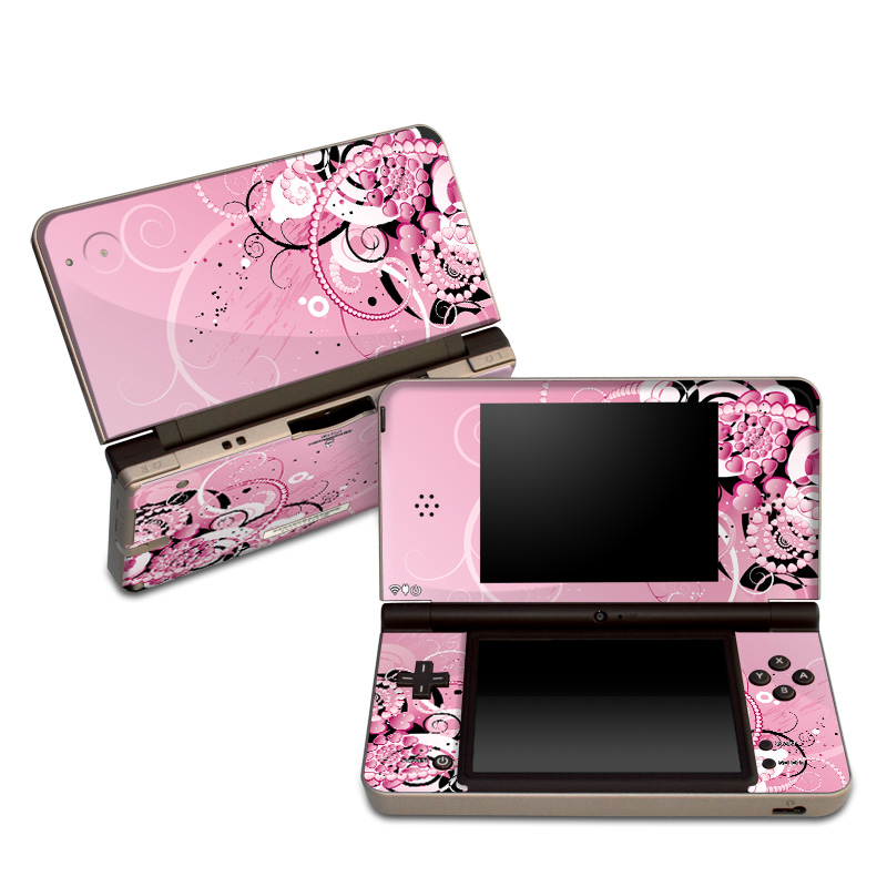 Nintendo DSi XL Skin design of Pink, Floral design, Graphic design, Text, Design, Flower Arranging, Pattern, Illustration, Flower, Floristry, with pink, gray, black, white, purple, red colors