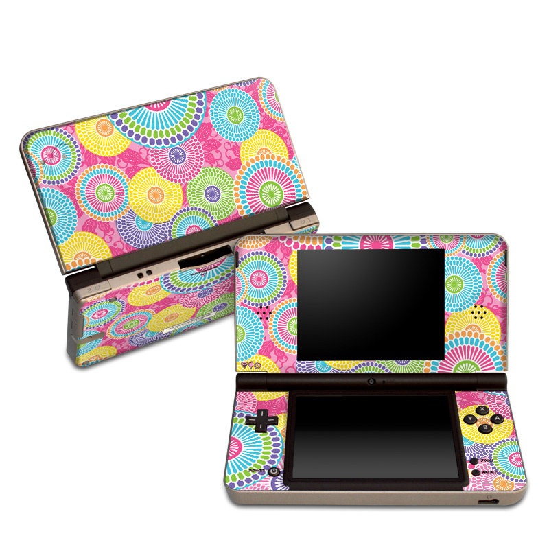 Nintendo DSi XL Skin design of Pattern, Circle, Textile, Design, Visual arts, Wrapping paper, with gray, pink, purple, orange, blue, green colors