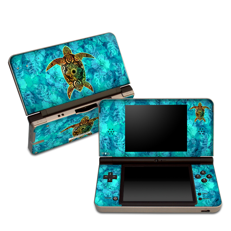 Nintendo DSi XL Skin design of Sea turtle, Green sea turtle, Turtle, Hawksbill sea turtle, Tortoise, Reptile, Loggerhead sea turtle, Illustration, Art, Pattern, with blue, black, green, gray, red colors