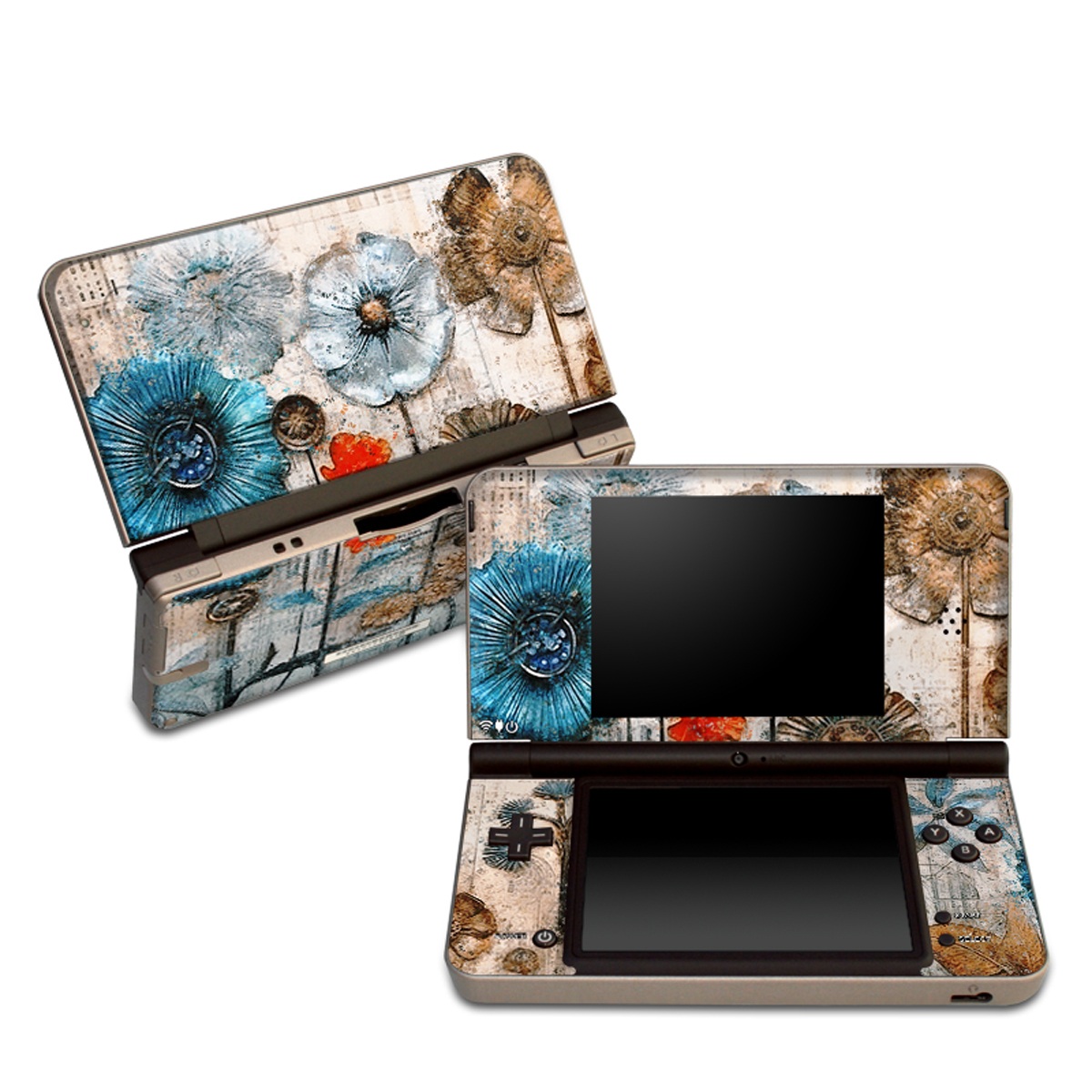 Nintendo DSi XL Skin design of Plant, Blue, Petal, Textile, Paint, Flower, Art, Creative arts, Pattern, Rectangle, with white, brown, black, yellow, blue, red, gray colors