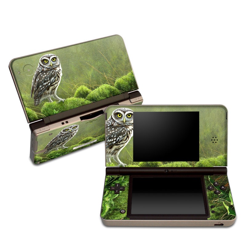 Nintendo DSi XL Skin design of Nature, Owl, Bird, Bird of prey, great grey owl, Adaptation, Terrestrial plant, Wildlife, Plant, Organism, with brown, gray, green, white colors