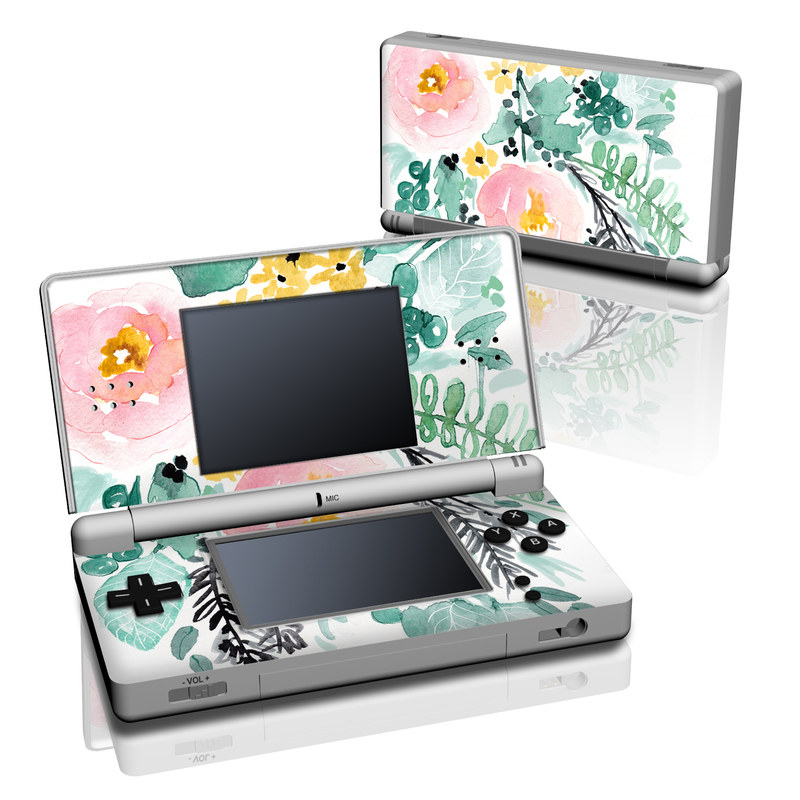 Nintendo DS Lite Skin design of Branch, Clip art, Watercolor paint, Flower, Leaf, Botany, Plant, Illustration, Design, Graphics, with green, pink, red, orange, yellow colors