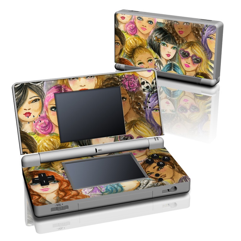 Nintendo DS Lite Skin design of Face, Hair, Head, Art, Hair coloring, Cheek, Illustration, Human, Watercolor paint, Brown hair, with white, black, brown, yellow, purple, blue, pink colors