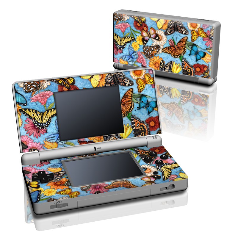 Nintendo DS Lite Skin design of Cynthia (subgenus), Butterfly, Monarch butterfly, Moths and butterflies, Brush-footed butterfly, Pollinator, Insect, Pattern, Design, Organism, with blue, pink, orange, yellow, red colors