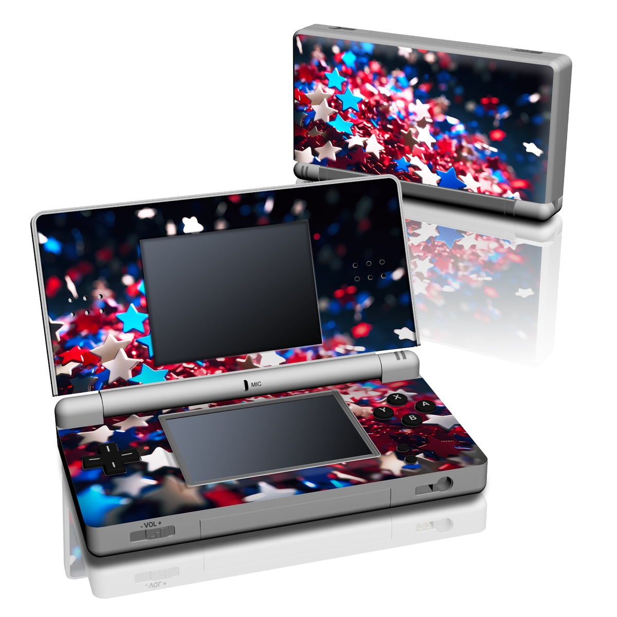 Nintendo DS Lite Skin design of Colorfulness, Petal, Plant, Magenta, Font, Electric blue, Event, Close-up, Macro photography, Flowering plant, with red, blue, white, black colors