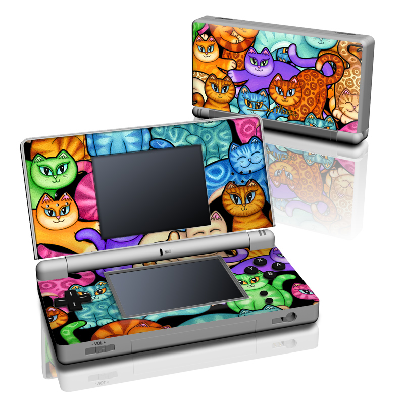 Nintendo DS Lite Skin design of Cat, Cartoon, Felidae, Organism, Small to medium-sized cats, Illustration, Animated cartoon, Wildlife, Kitten, Art, with black, blue, red, purple, green, brown colors