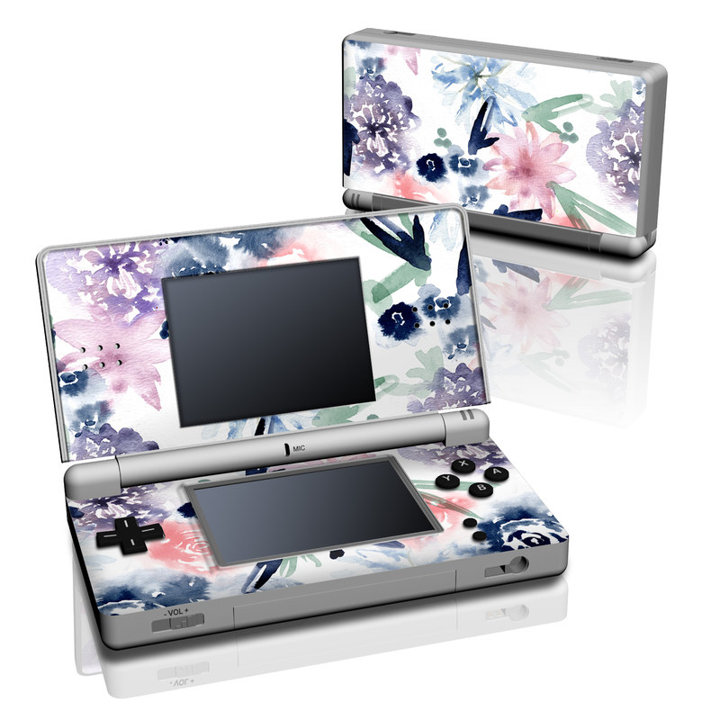Nintendo DS Lite Skin design of Pattern, Graphic design, Design, Floral design, Plant, Flower, Illustration, with white, blue, purple, green, pink colors