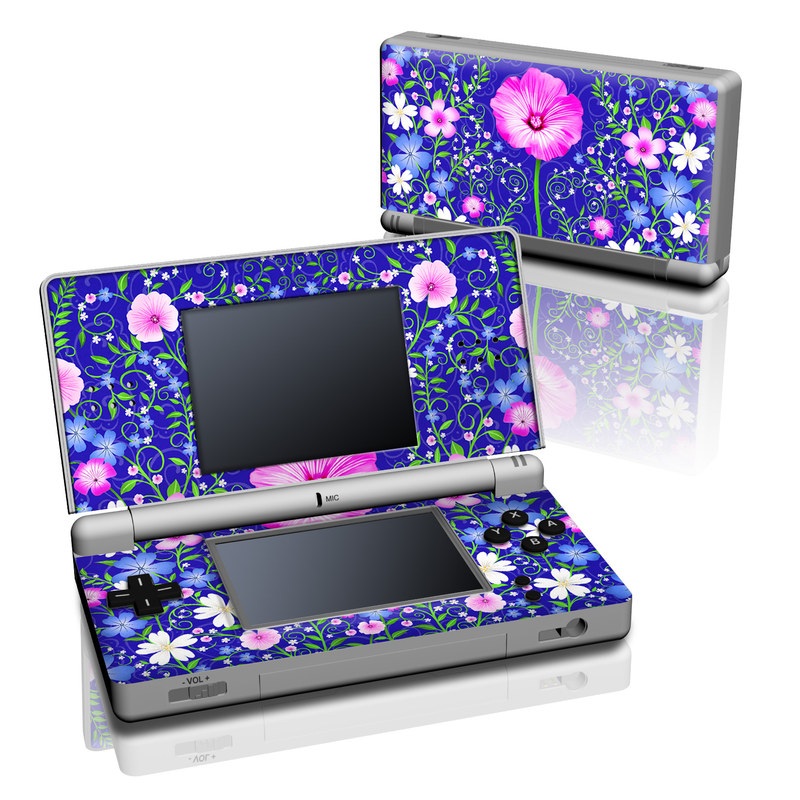 Nintendo DS Lite Skin design of Purple, Violet, Flower, Plant, Wildflower, Pattern, Petal, Design, Graphics, Morning glory, with blue, purple, pink, green, white, yellow colors
