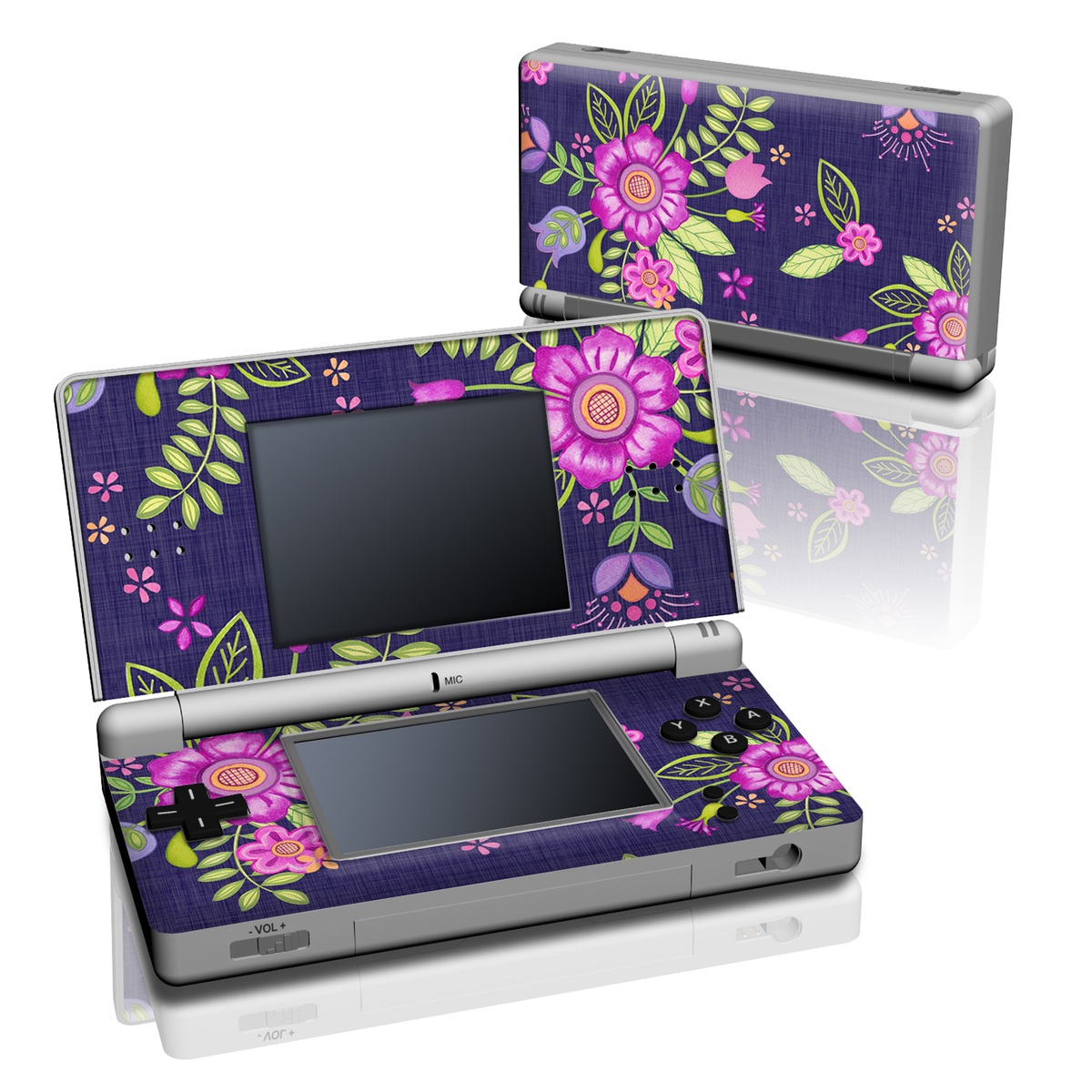 Nintendo DS Lite Skin design of Pink, Pattern, Magenta, Purple, Violet, Floral design, Lilac, Textile, Visual arts, Pedicel, with black, gray, purple, green, blue colors