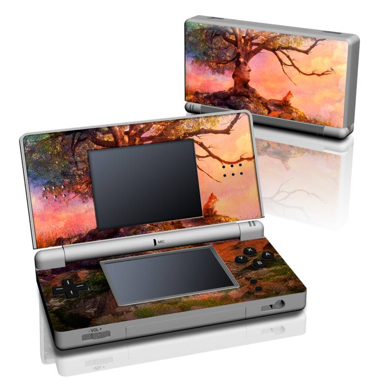 Nintendo DS Lite Skin design of Nature, Tree, Sky, Natural landscape, Branch, Leaf, Woody plant, Trunk, Landscape, Plant, with pink, red, black, green, gray, orange colors