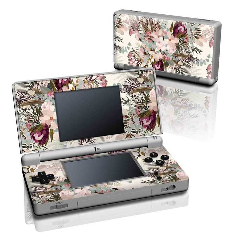 Nintendo DS Lite Skin design of Pink, Pattern, Lilac, Flower, Plant, Petal, Floral design, Textile, Design, Blossom, with white, red, pink, blue, brown colors