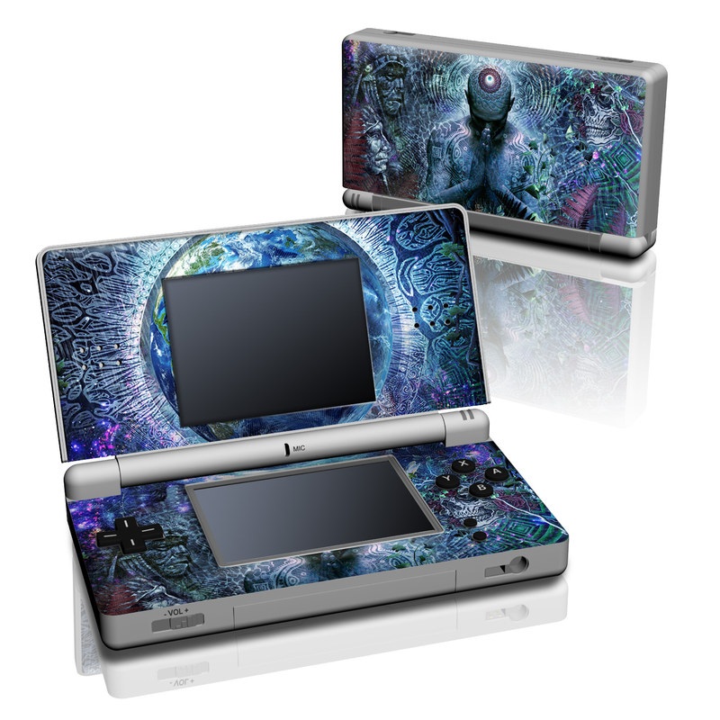 Nintendo DS Lite Skin design of Psychedelic art, Fractal art, Art, Space, Organism, Earth, Sphere, Graphic design, Circle, Graphics, with blue, green, gray, purple, pink, black, white colors