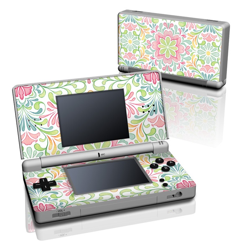 Nintendo DS Lite Skin design of Pattern, Pink, Visual arts, Design, Textile, Wrapping paper, Symmetry, Floral design, Motif, with gray, white, pink, green colors