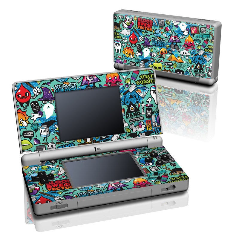Nintendo DS Lite Skin design of Cartoon, Art, Pattern, Design, Illustration, Visual arts, Doodle, Psychedelic art, with black, blue, gray, red, green colors