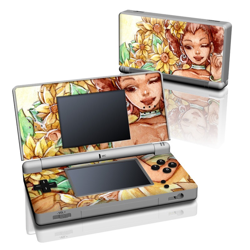 Nintendo DS Lite Skin design of Painting, Illustration, Art, Fictional character, Plant, Flower, Clip art, with yellow, orange, brown, green colors
