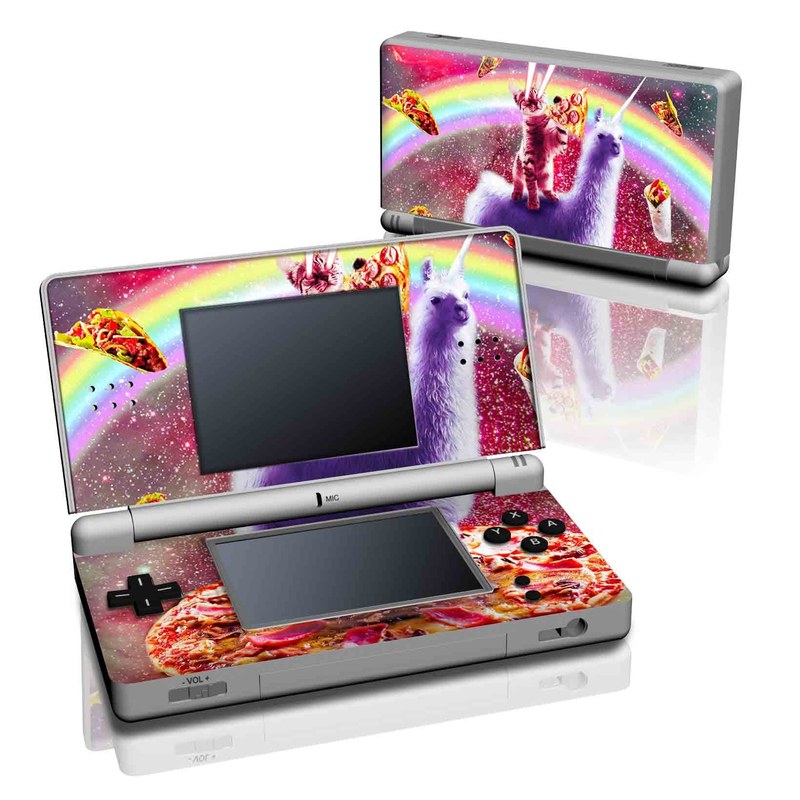 Nintendo DS Lite Skin design of Llama, Unicorn, Fictional character, Illustration, Graphic design, Livestock, Camelid, Mythical creature, Graphics, Art, with red, white, yellow, gray, purple, blue, green colors
