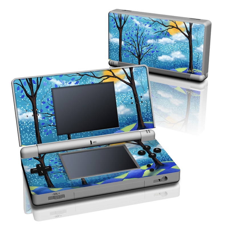Nintendo DS Lite Skin design of Natural landscape, Nature, Blue, Tree, Sky, Branch, Spring, Woody plant, Plant, Leaf, with blue, gray, black, purple, green colors