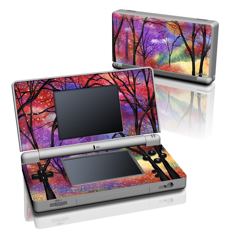 Nintendo DS Lite Skin design of Nature, Tree, Natural landscape, Painting, Watercolor paint, Branch, Acrylic paint, Purple, Modern art, Leaf, with red, purple, black, gray, green, blue colors