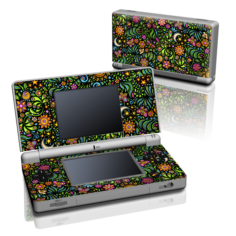 Nintendo DS Lite Skin design of Pattern, Psychedelic art, Visual arts, Art, Design, Motif, Organism, Circle, Textile, Plant, with black, red, green, blue, purple colors