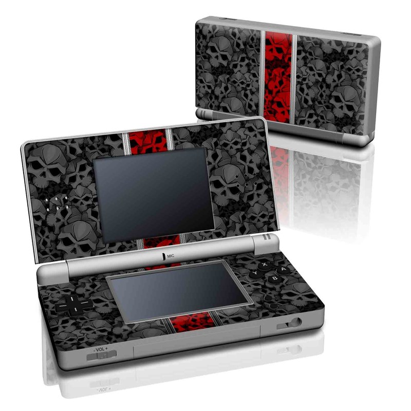 Nintendo DS Lite Skin design of Font, Text, Pattern, Design, Graphic design, Black-and-white, Monochrome, Graphics, Illustration, Art, with black, red, gray colors