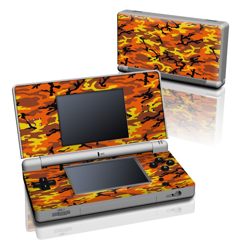 Nintendo DS Lite Skin design of Military camouflage, Orange, Pattern, Camouflage, Yellow, Brown, Uniform, Design, Tree, Wildlife, with red, green, black colors