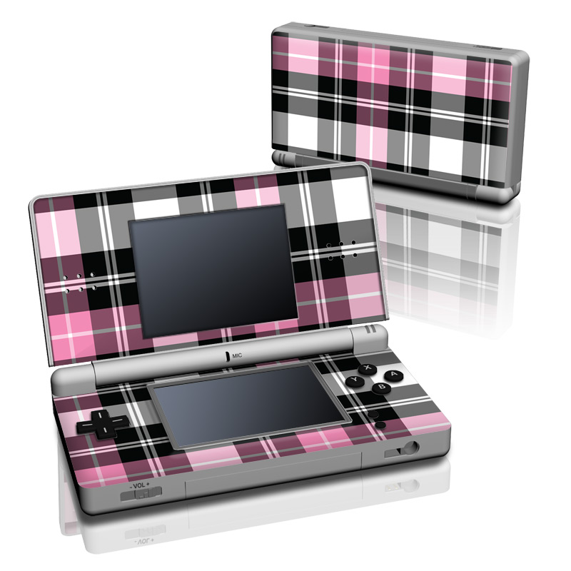 Nintendo DS Lite Skin design of Plaid, Tartan, Pattern, Pink, Purple, Violet, Line, Textile, Magenta, Design, with black, gray, pink, red, white, purple colors