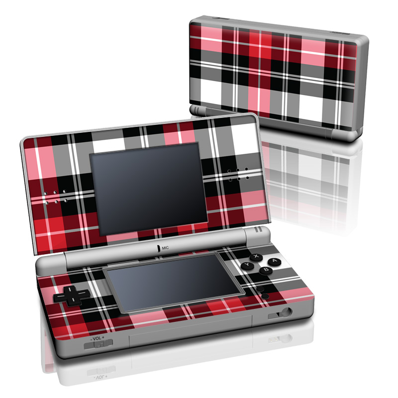Nintendo DS Lite Skin design of Plaid, Tartan, Pattern, Red, Textile, Design, Line, Pink, Magenta, Square, with black, gray, pink, red, white colors