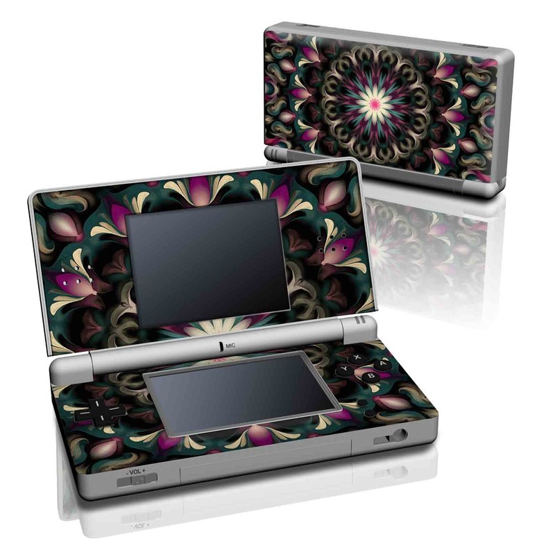Nintendo DS Lite Skin design of Fractal art, Pattern, Pink, Psychedelic art, Art, Kaleidoscope, Design, Symmetry, Visual arts, Textile, with black, purple, white, green, blue colors