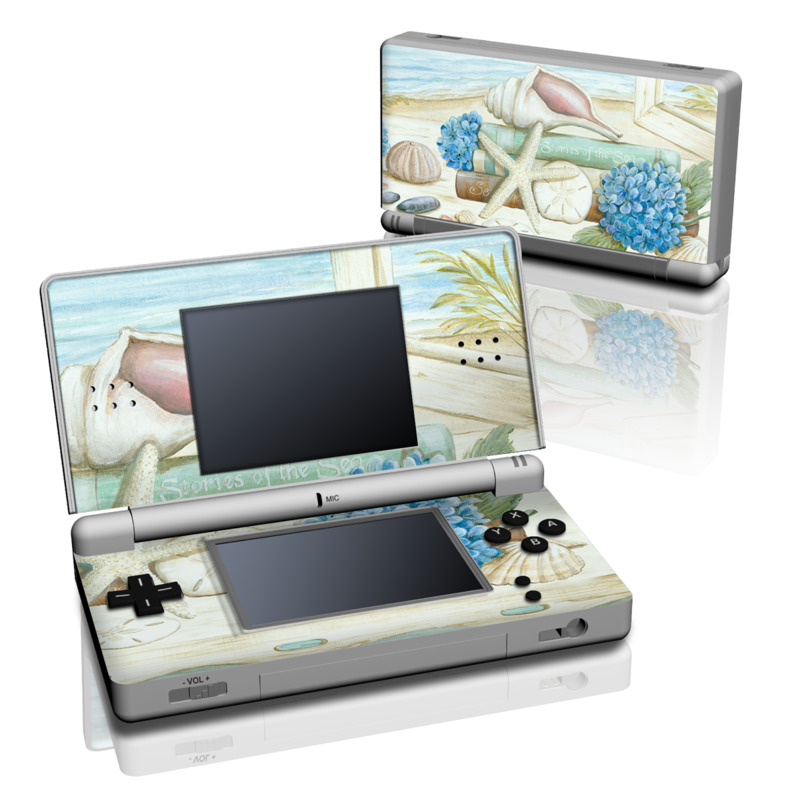 Nintendo DS Lite Skin design of Starfish, Shell, Hydrangea, Plant, Flower, Still life, Echinoderm, Cornales, with gray, green, blue, yellow colors