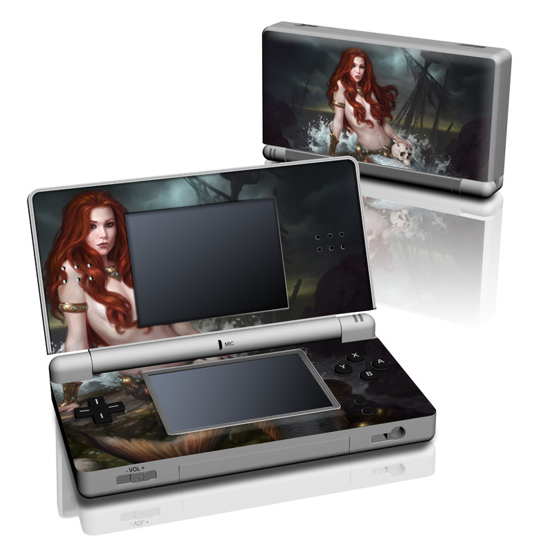 Nintendo DS Lite Skin design of Mermaid, Cg artwork, Illustration, Fictional character, Mythology, Mythical creature, Art, Long hair, Woman warrior, Sitting, with black, brown, red, yellow, white, gray colors