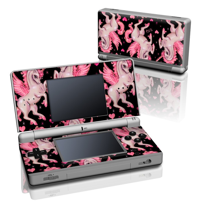 Nintendo DS Lite Skin design of Pink, Pattern, Fictional character, Design, Illustration, Font, Unicorn, Graphic design, Mythical creature, Art, with black, pink colors